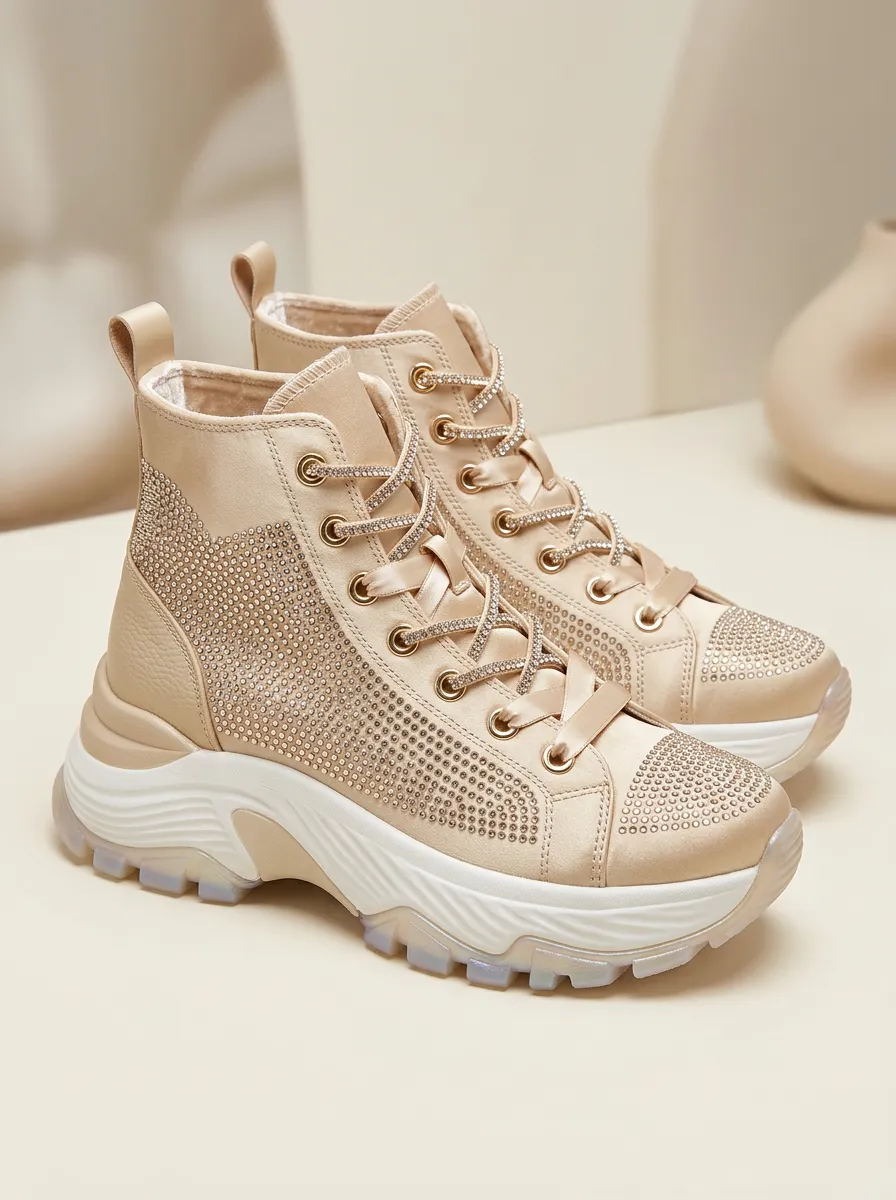 Streamlined Lace-Detail Women's Rhinestone Platform Shoes