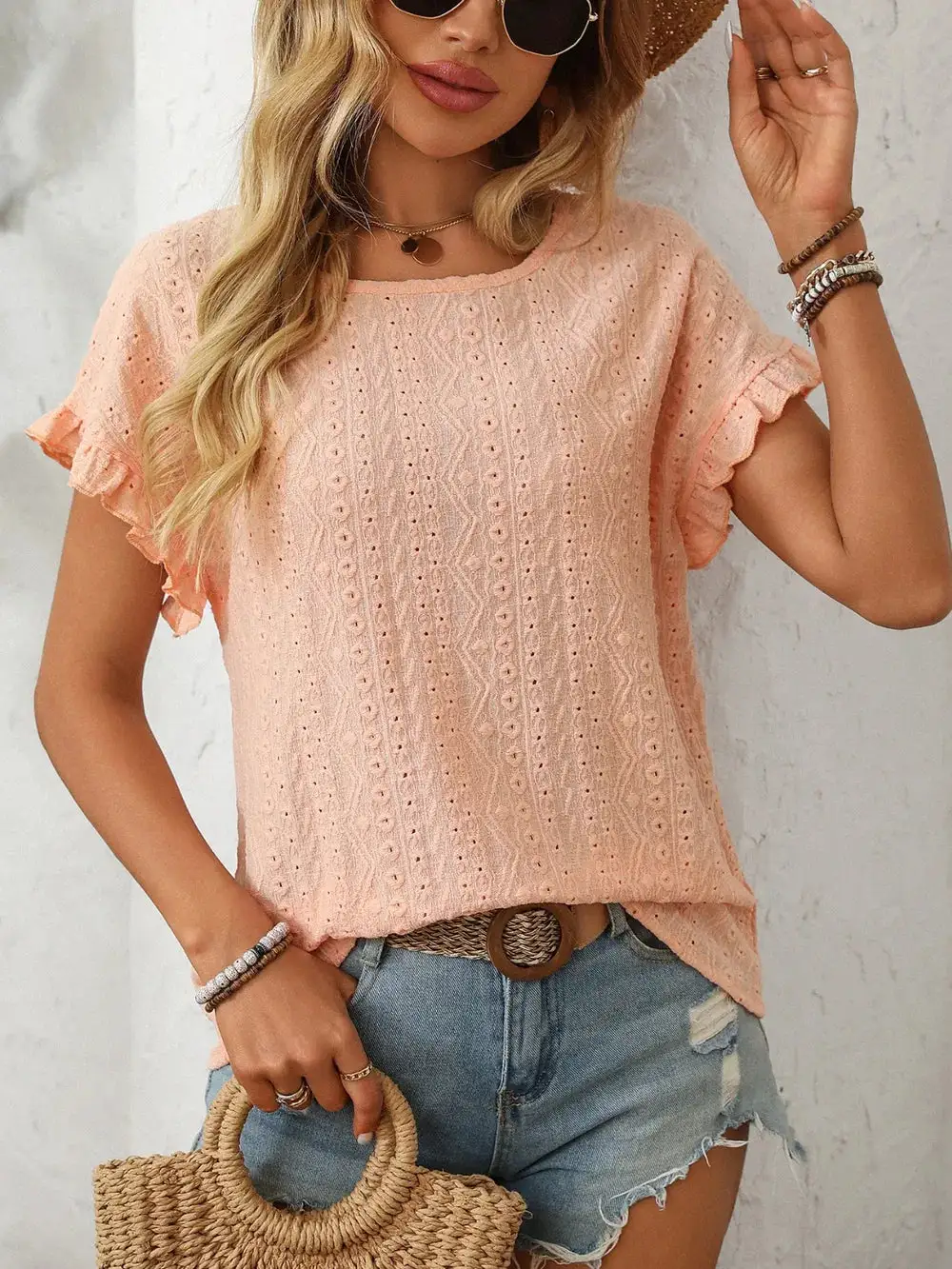 Mandy Eyelet Frill Round Neck Short Sleeve Top