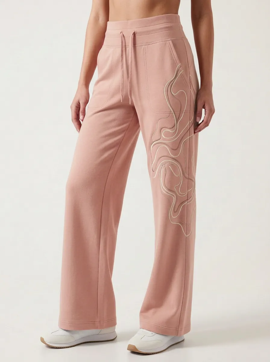 Women's Sage Green Abstract Line Print Embroidered Wide-Leg Sweatpants
