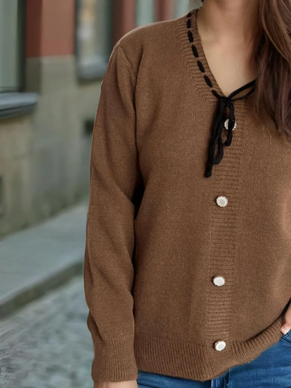 Tied V-Neck Long-Sleeve Sweater