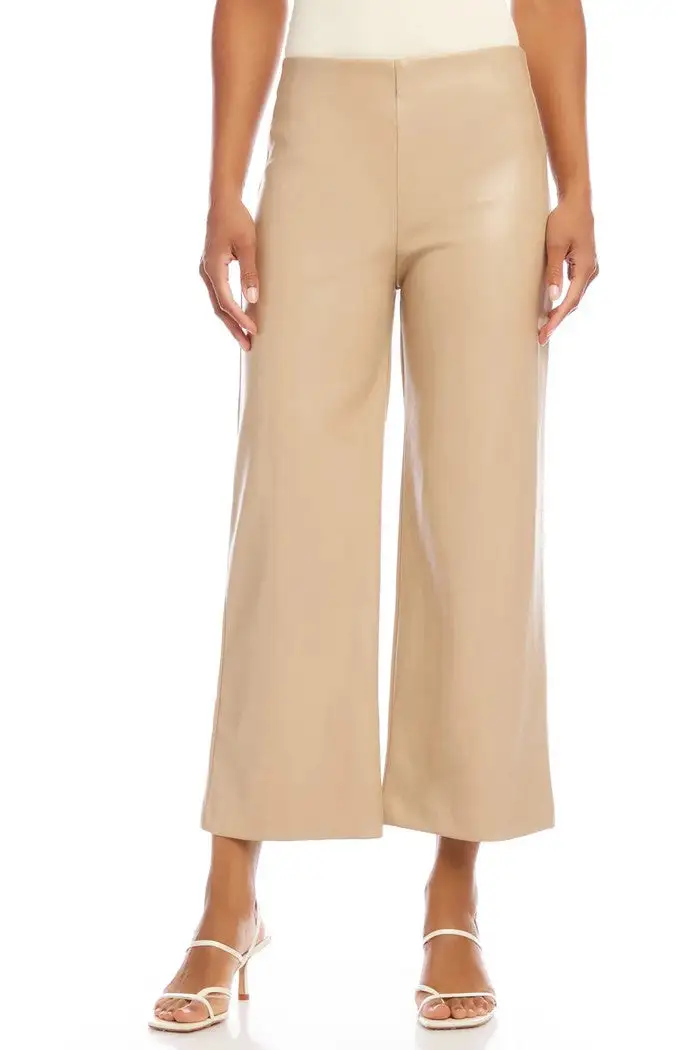 Women's Beige Faux Leather Wide Leg Pants