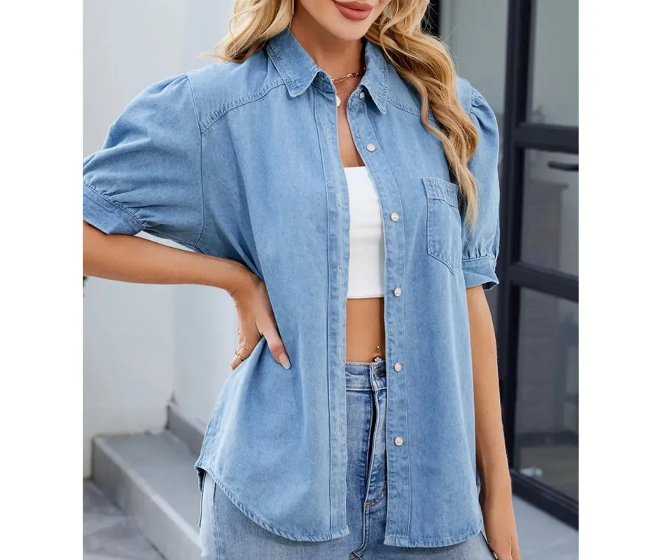 Button-Up Short-Sleeve Denim Shirt