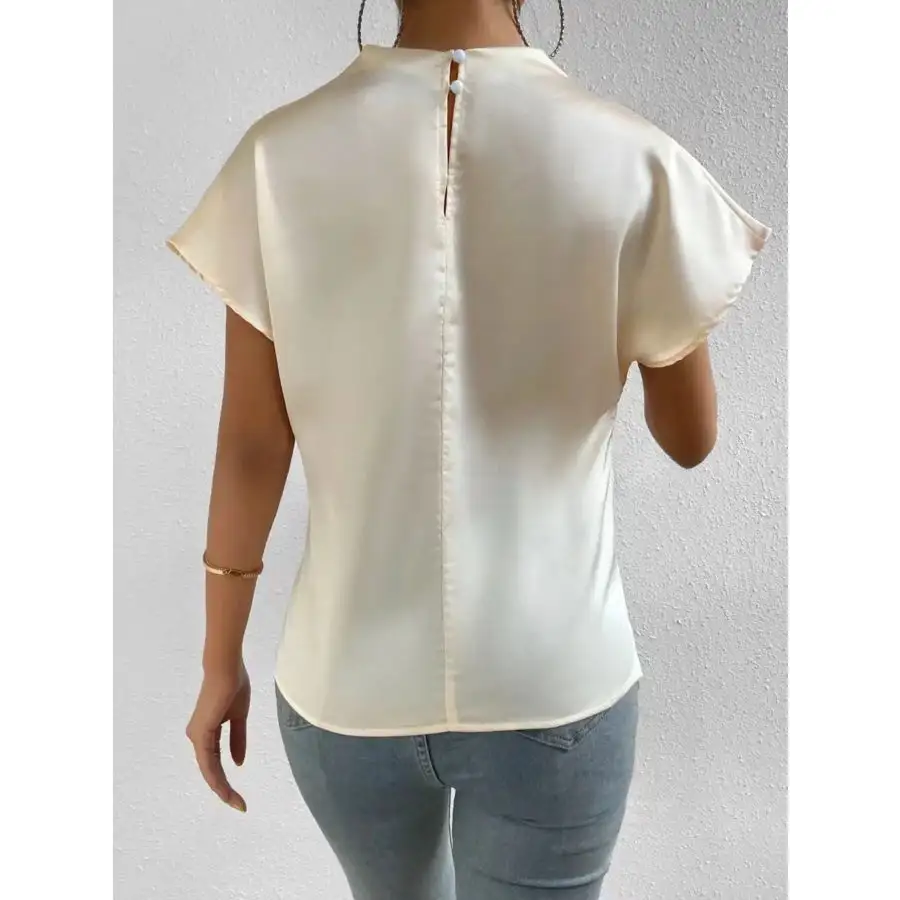 Mock Neck Short Sleeve Satin Blouse