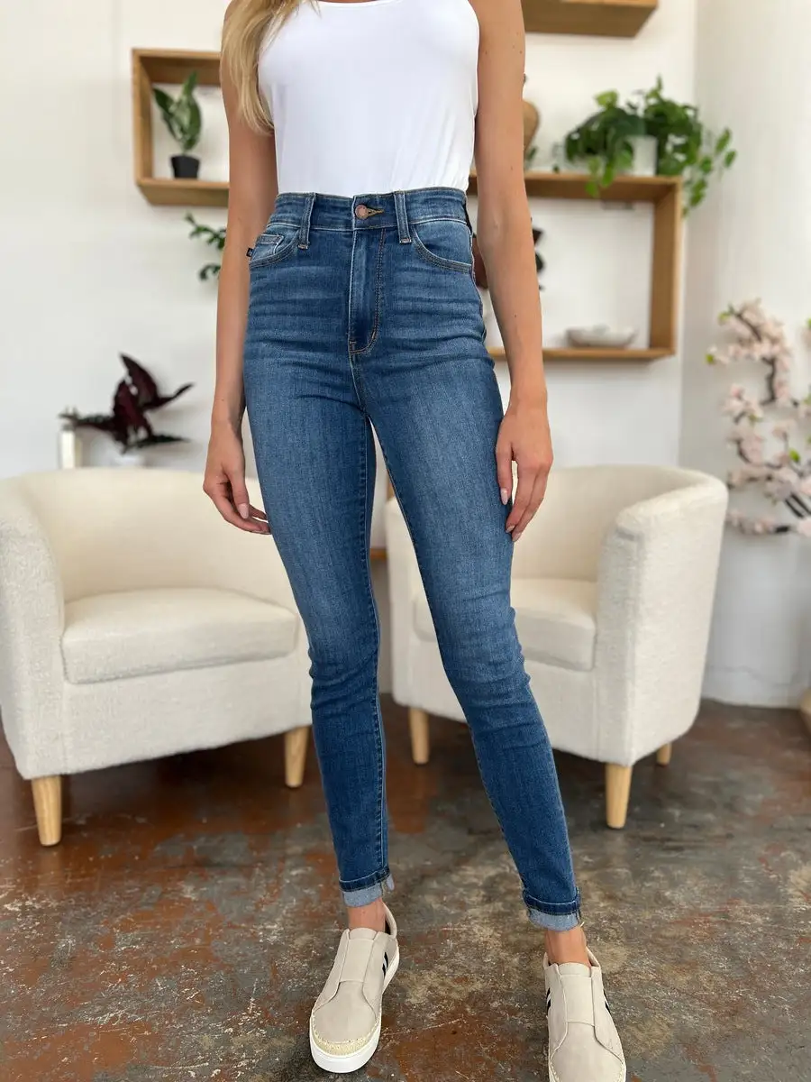 Cuffed Hem Skinny Denim Jeans