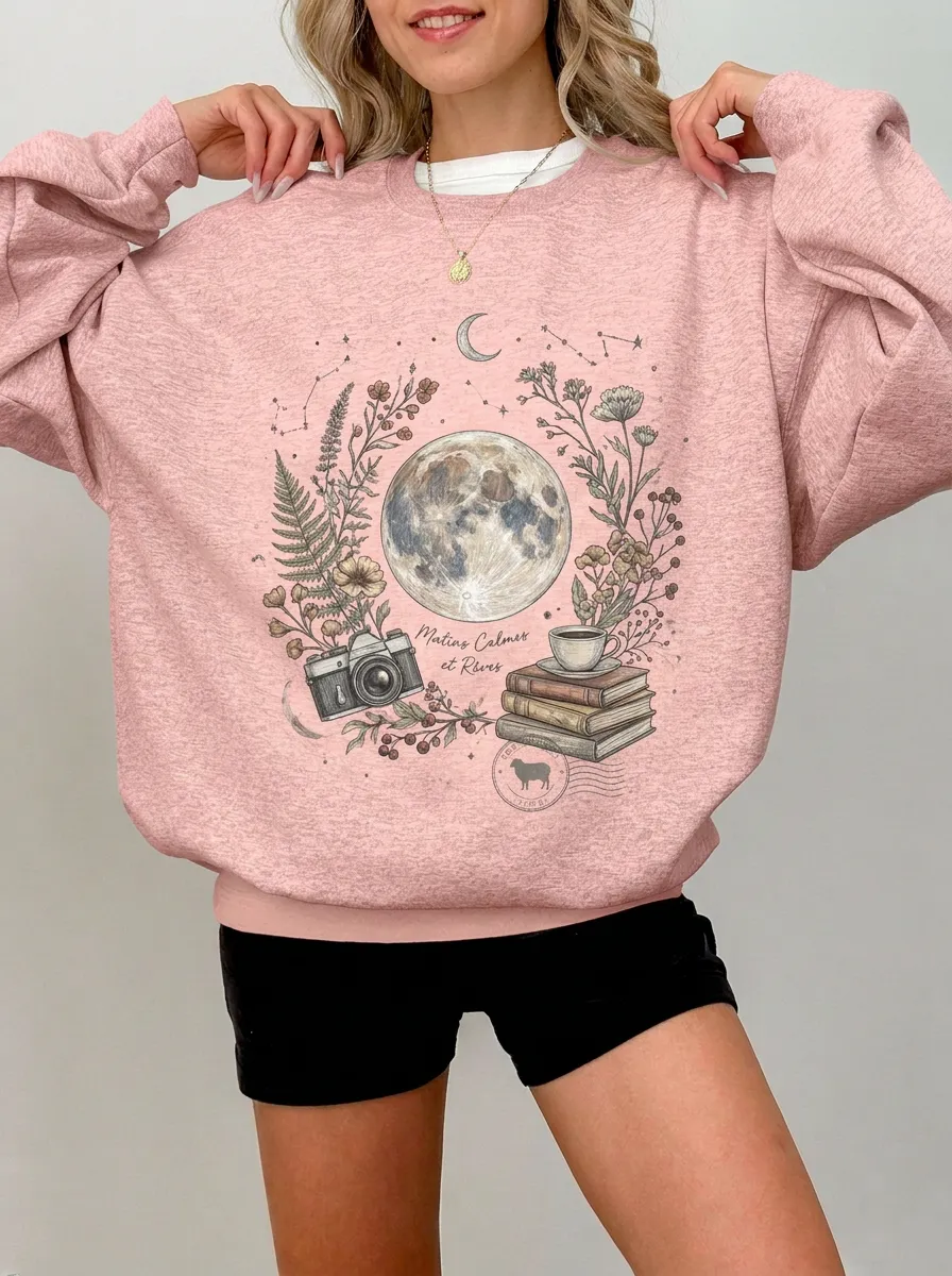 Women's Moon Floral Camera Book Graphic Sweatshirt
