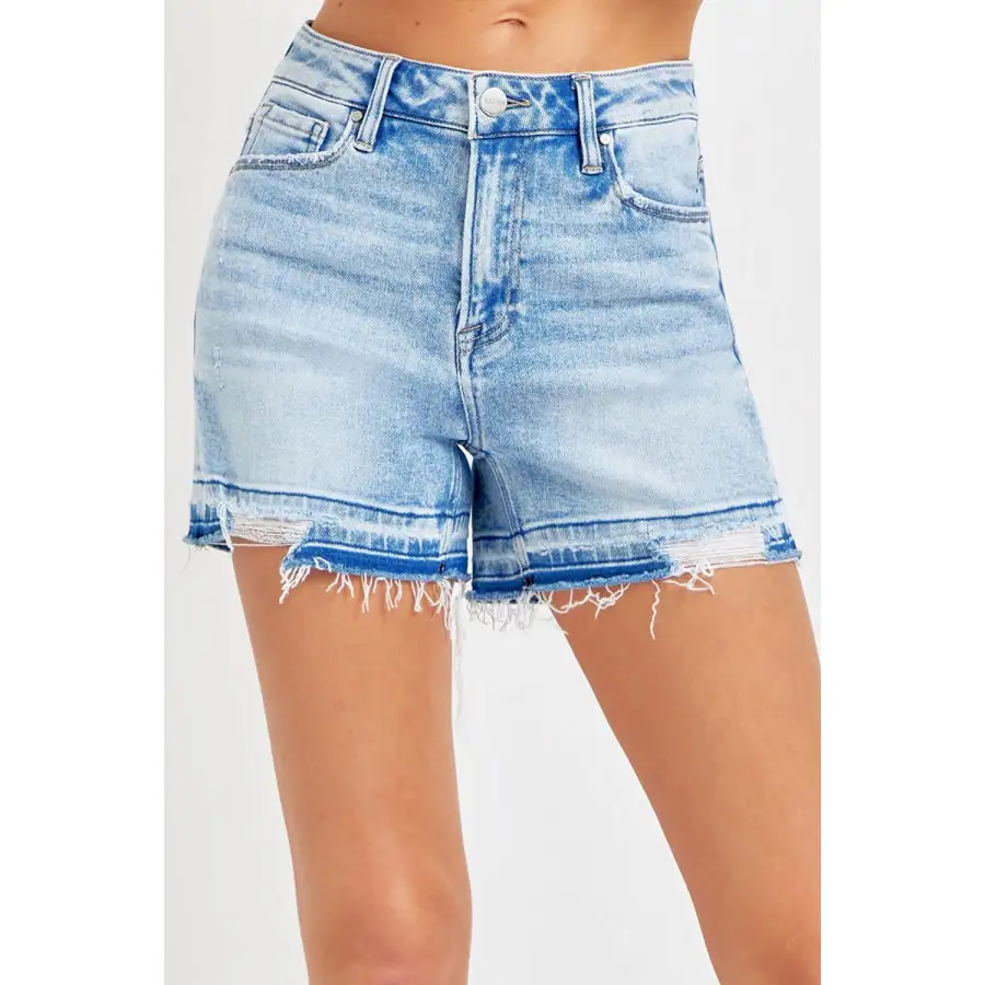 Risen High Rise Distressed Hem Denim Shorts