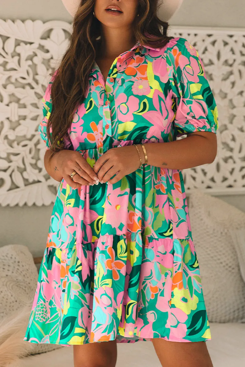Women's Floral Print Puff Sleeve Button Detail Dress