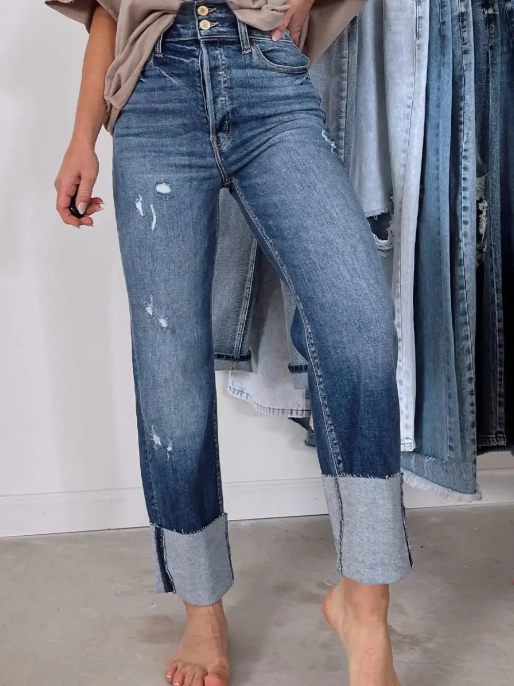 High-Waist Distressed Washed Stretch Straight Leg Jeans