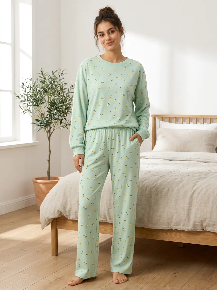 Women's Lemon Print Loungewear Set with Side Pockets