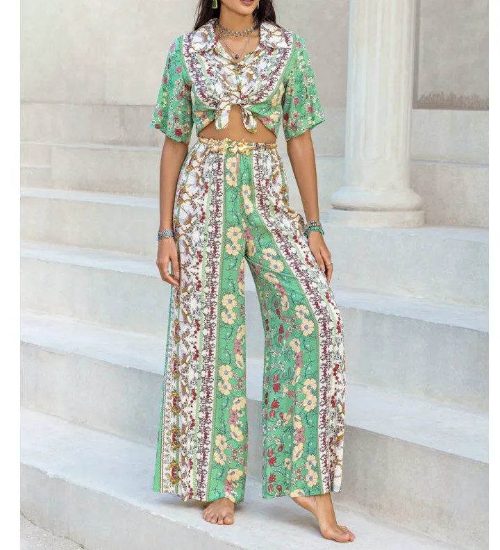 Relaxed Printed Half Sleeve Top and Wide Leg Pants Set