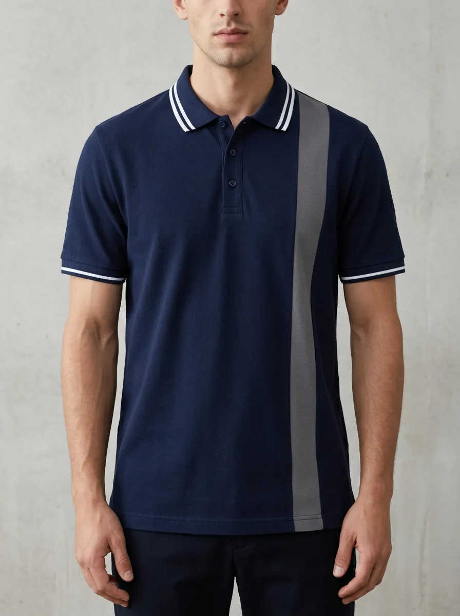 Men's Casual Fashion Grey Vertical Stripe Polo Shirt