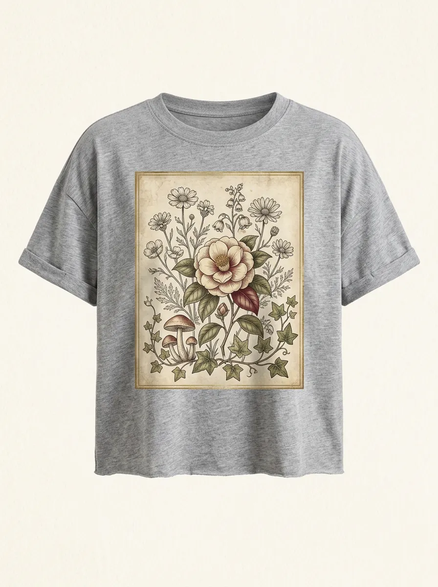 Women's Botanical Nature Lover Mushroom Flower Printed T-shirt