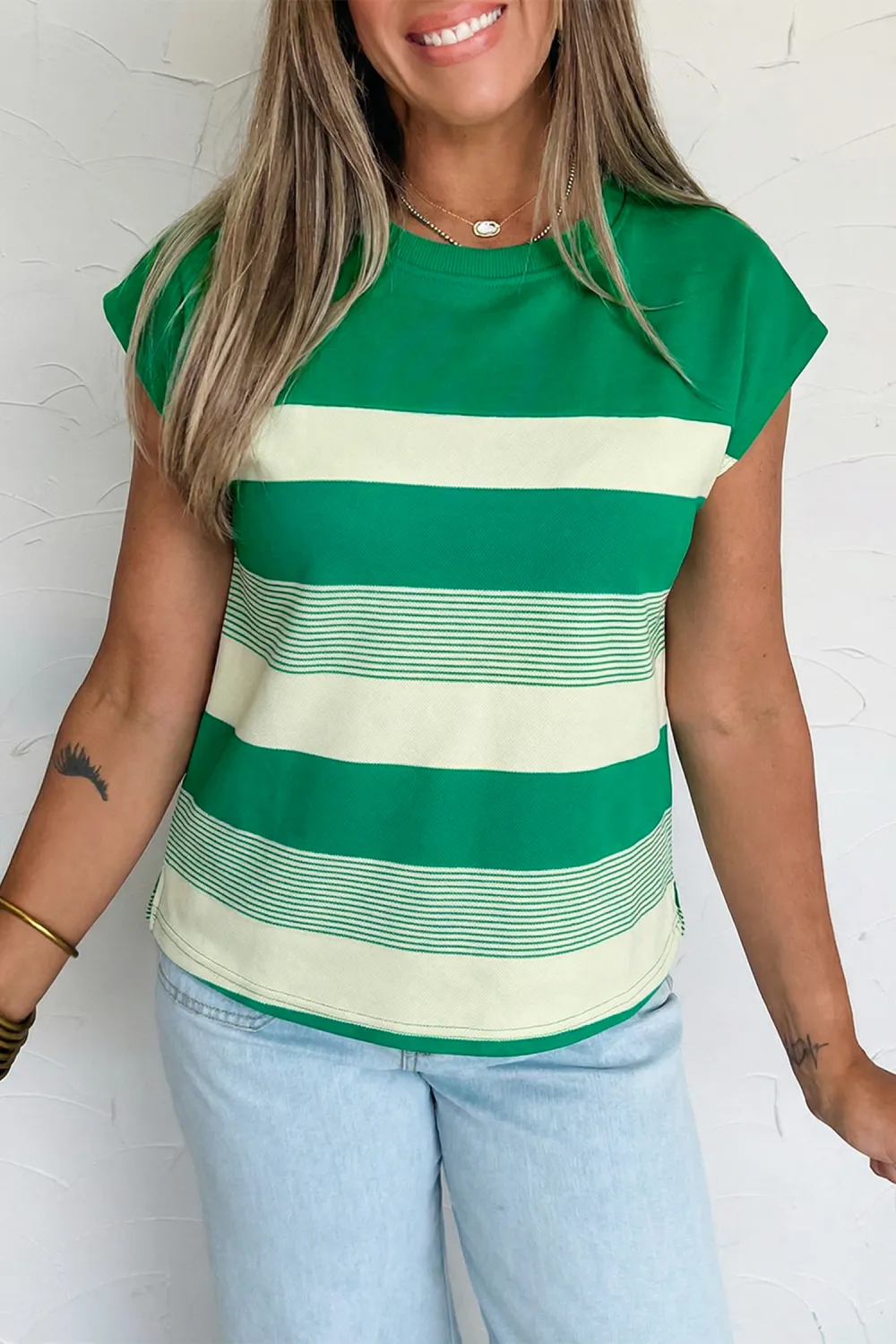 Green Stripe Mixed Print Crew Tee