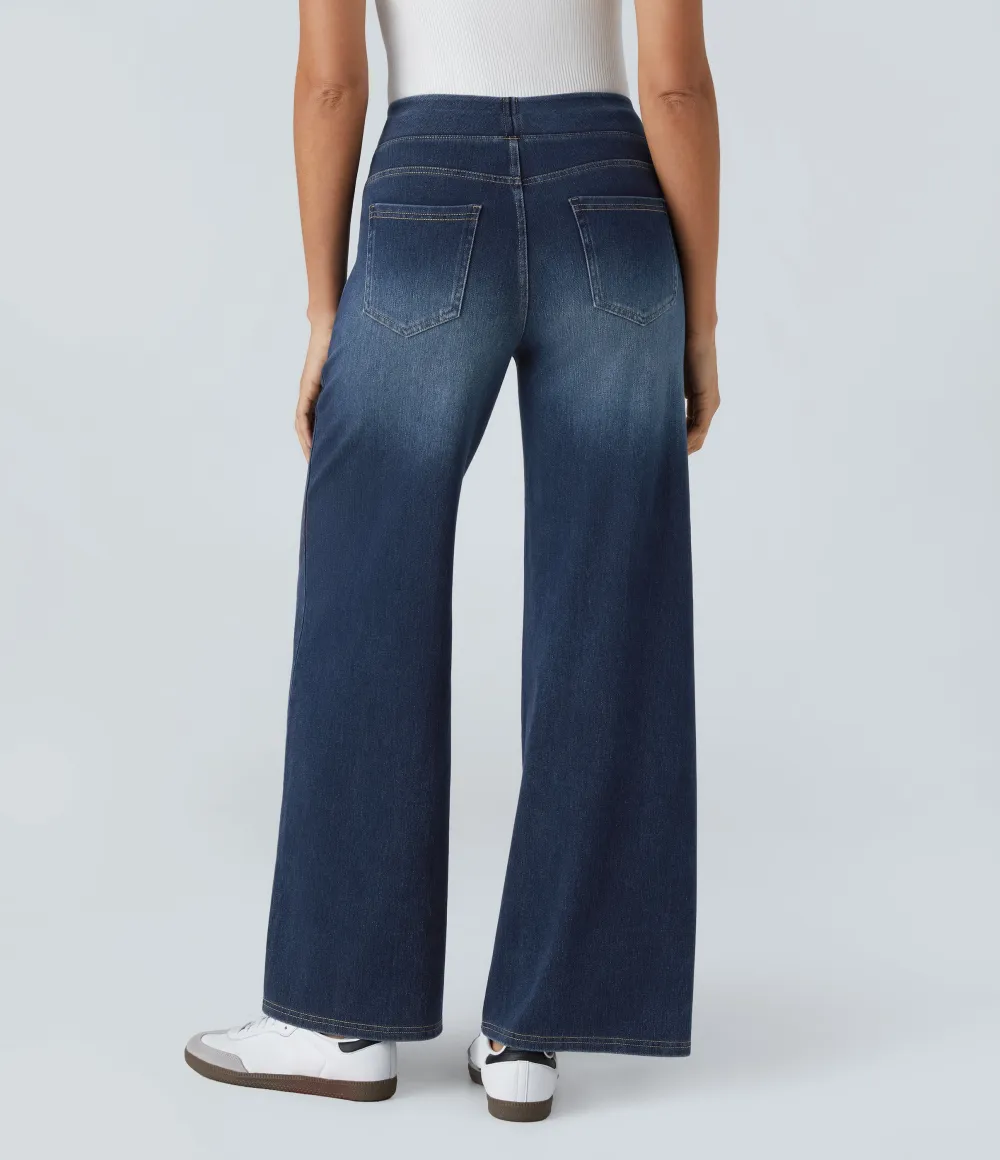 2026🔥  High Waisted Multiple Pockets Baggy Wide Leg Washed Stretchy Knit Casual Jeans