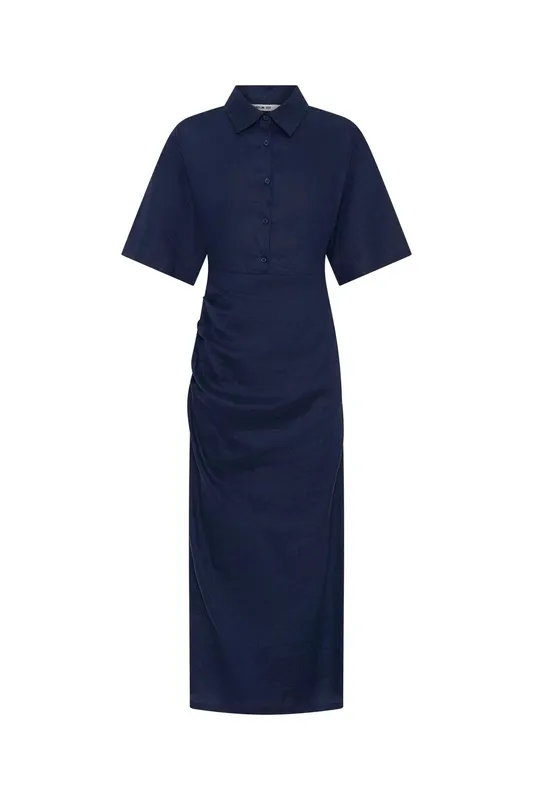 Navy Ruched Midi Dress