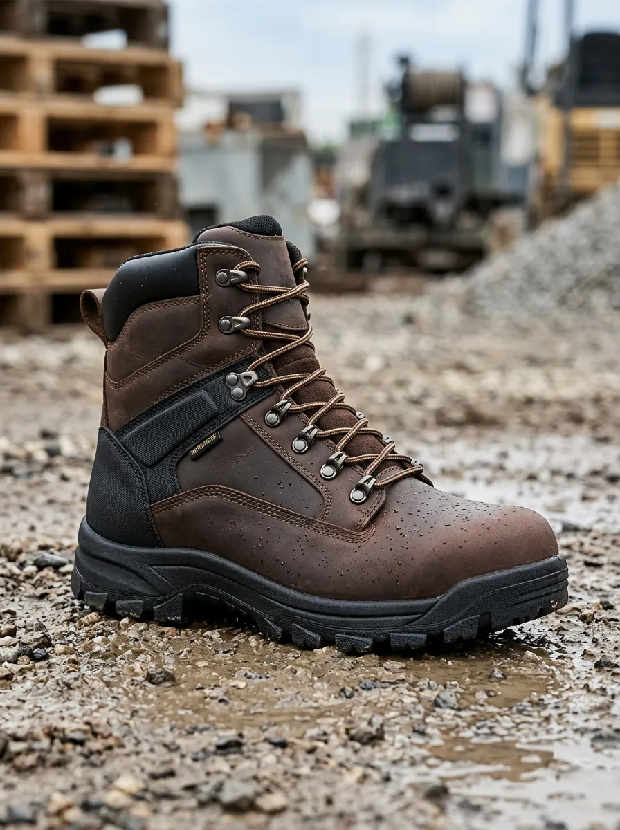 Men's Waterproof Brown Leather Work Boots for Outdoor Construction