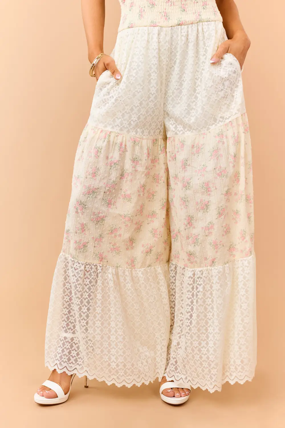 Cream Floral Print Cotton And Lace