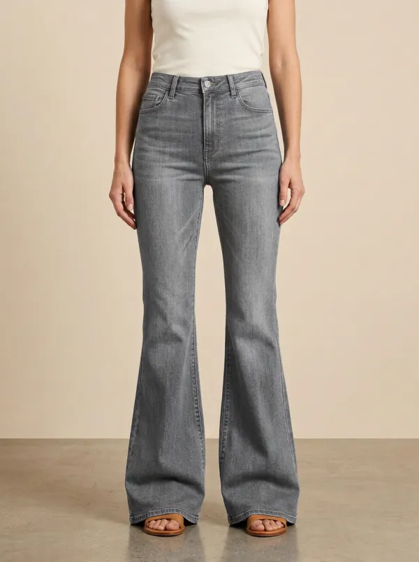 High Rise Contrast Stitch Faded Finish Flare Jeans