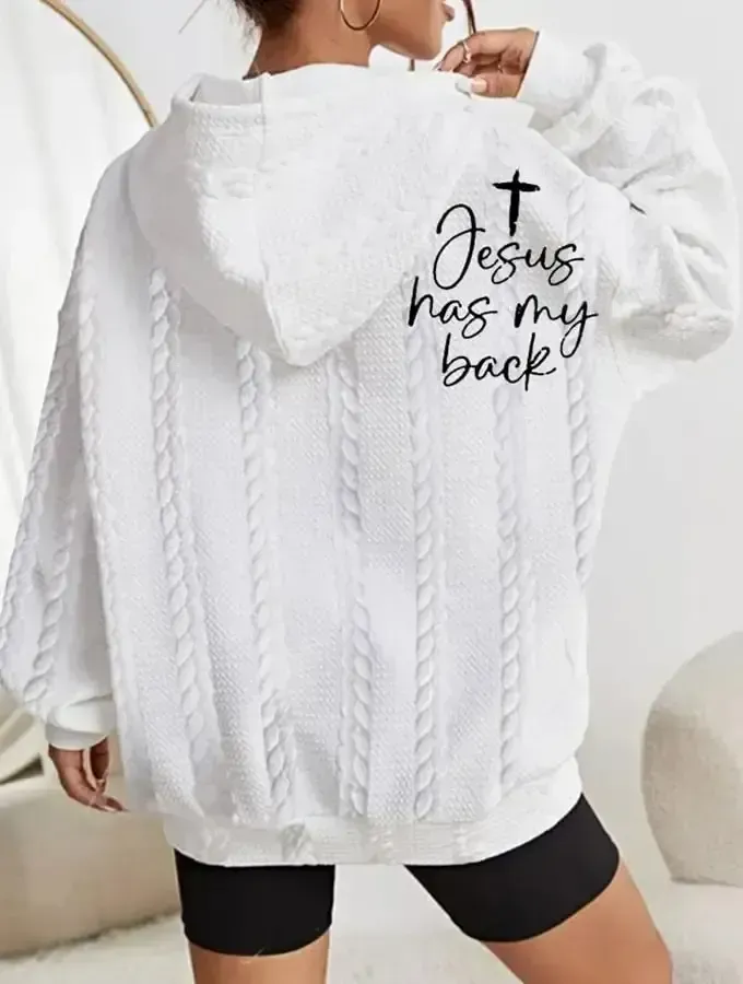Women's Faith Jesus Has My Back Printed Casual Cable Hoodie