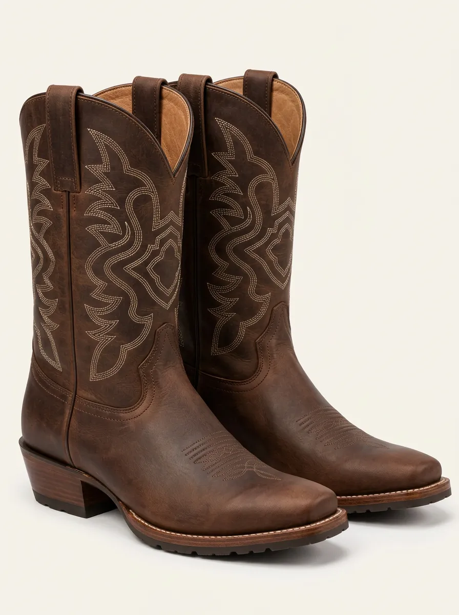 Men's Embroidered Brown Leather Cowboy Riding Style Boots
