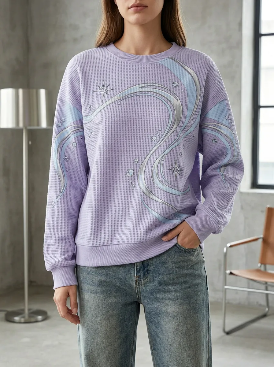 Women's Celestial Star Swirl Printed Waffle Knit Crewneck Sweatshirt