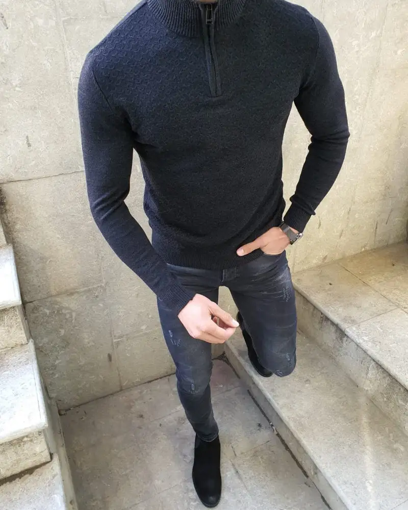 Slim Fit Zip Detail Cotton Turtleneck Sweater