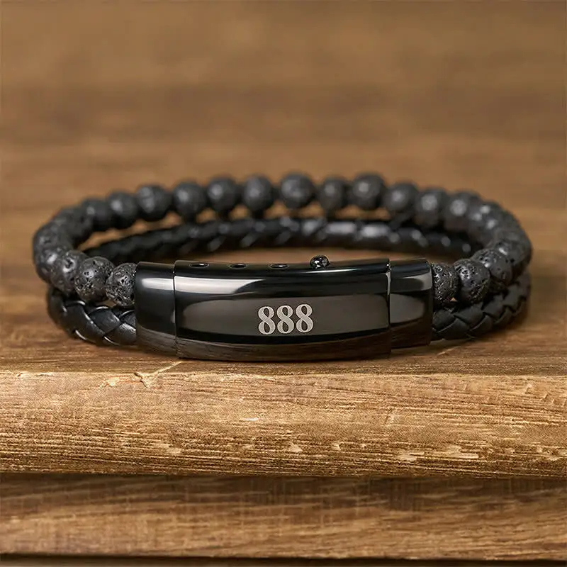 Lava Rock Angel Numbers Double Wrap Leather Bracelet