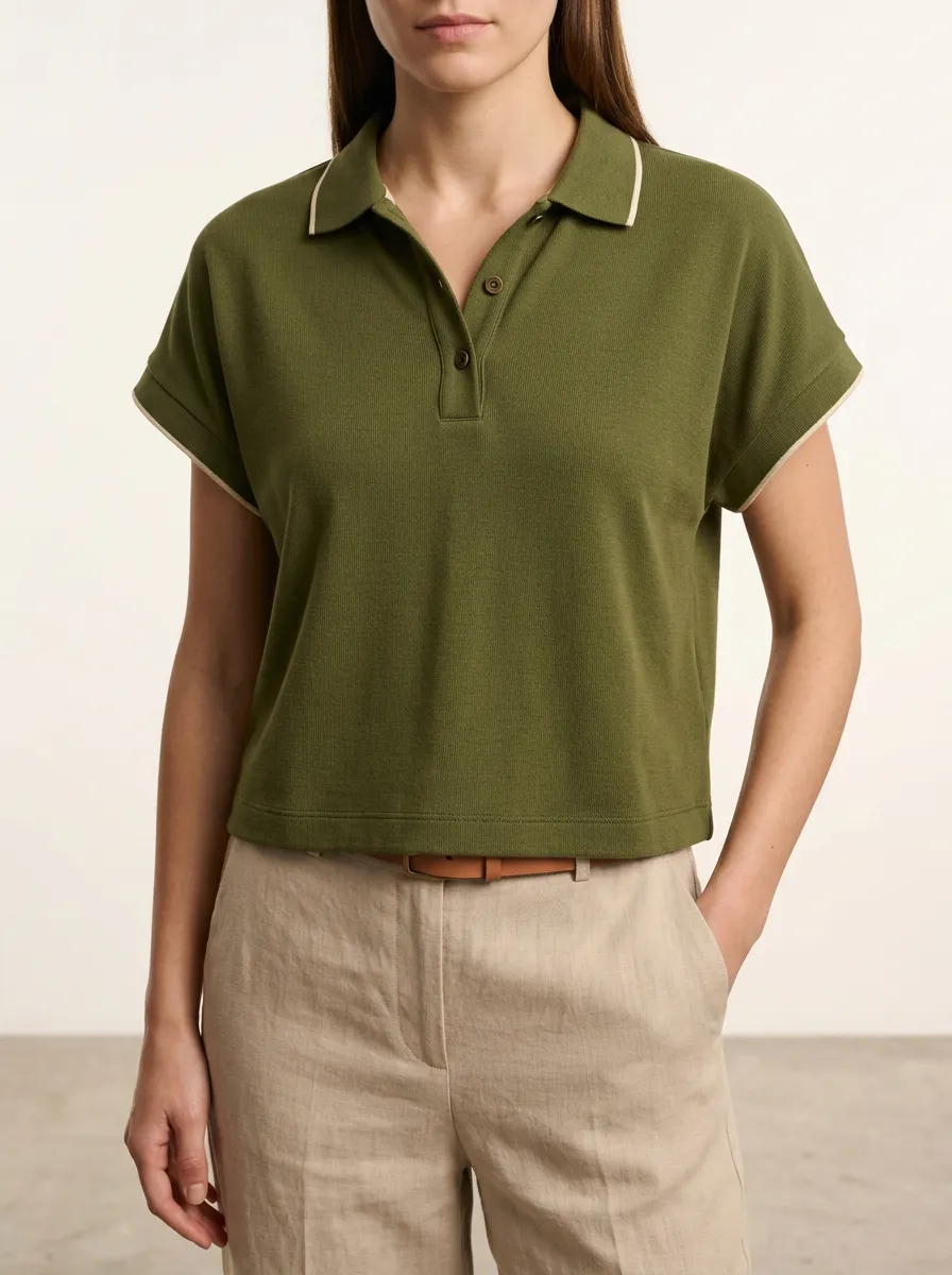 Women's Olive Green Short Sleeve Polo with Contrast Edging