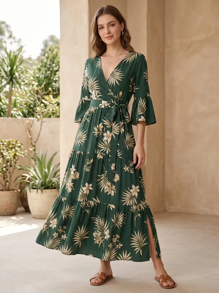 Women's Botanical Palm Leaf Refined Detail Wrap Printed Dress
