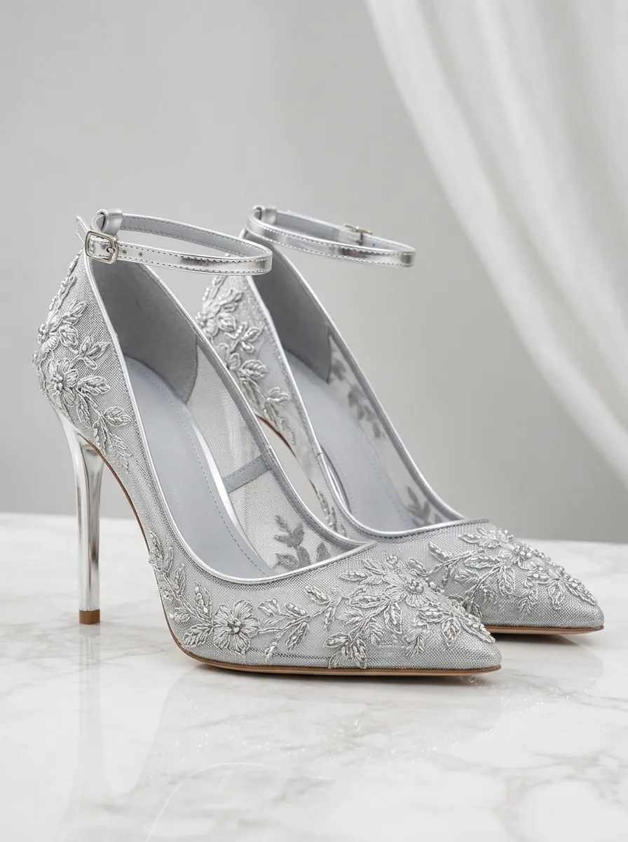 Floral Embroidered Mesh Buckle-Strap Women's Formal High Heels