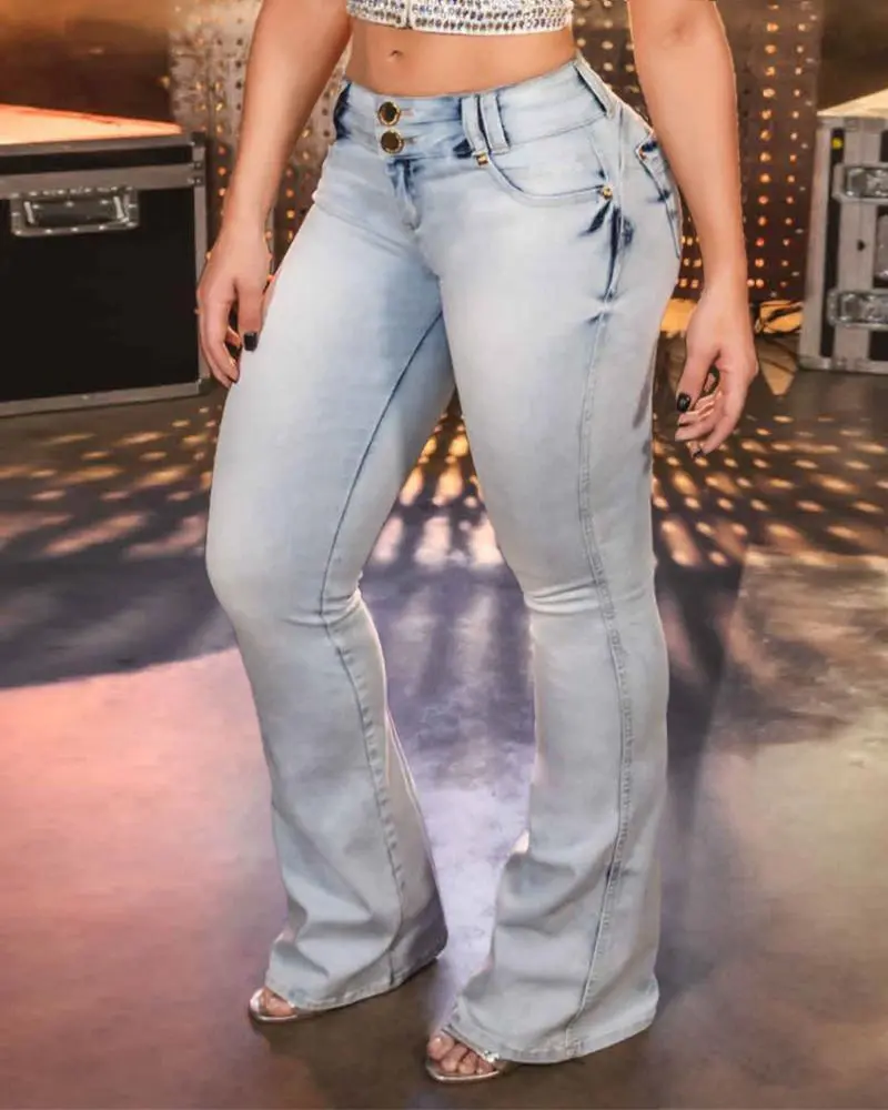 Button Front Butt Lifting Flare Jeans
