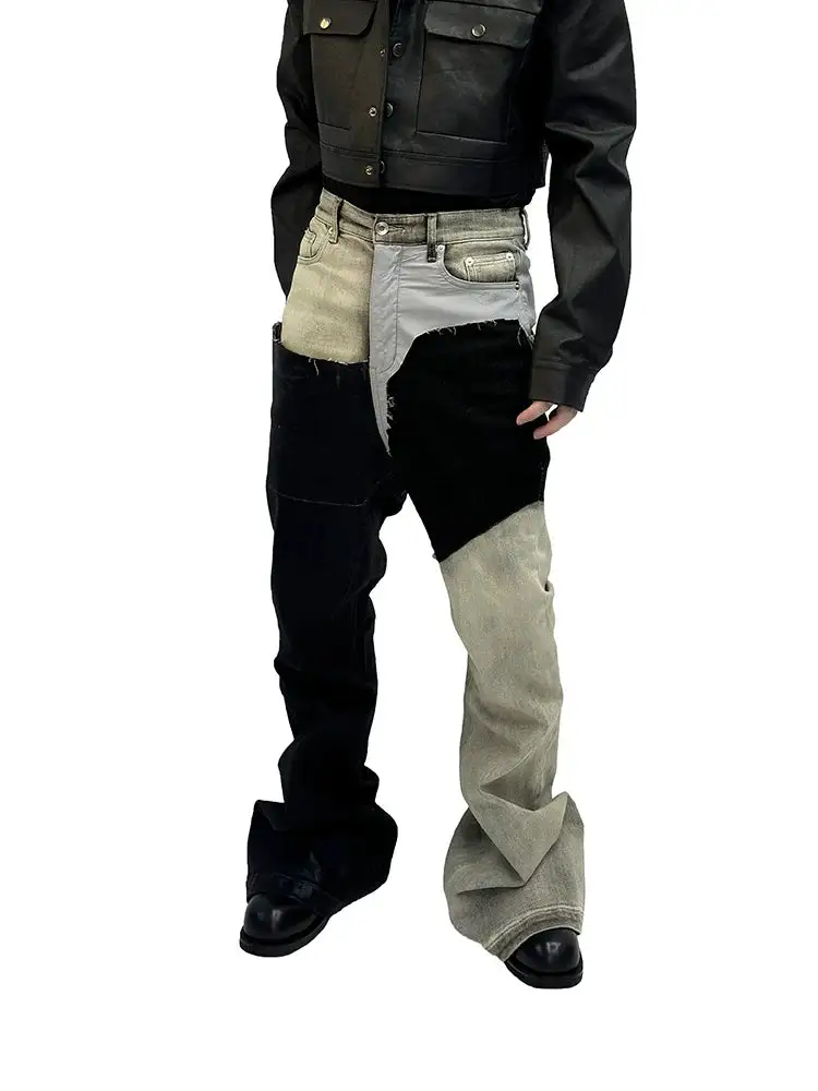 Wide-Leg Patchwork Light-Wash Jeans