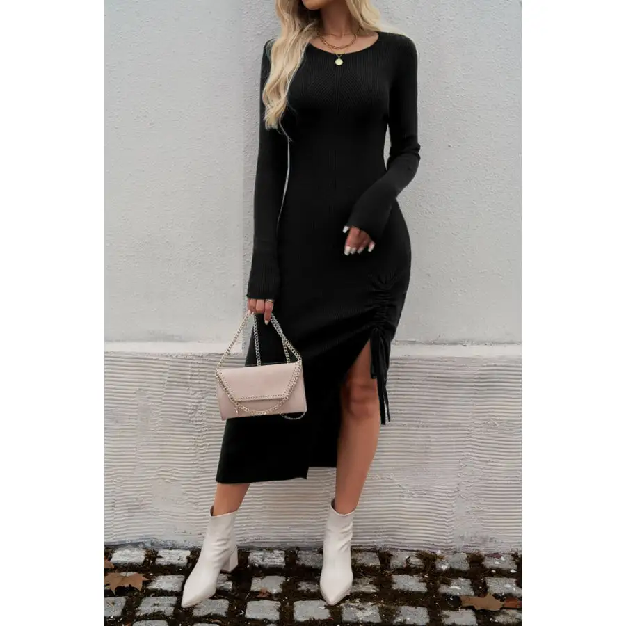 Drawstring Round Neck Long Sleeve Midi Dress