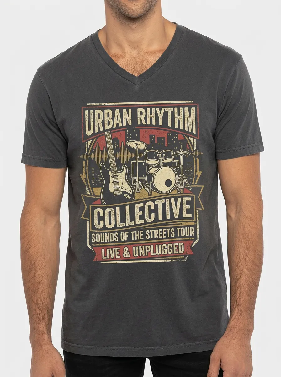 Men's Music Lover Urban Rhythm Guitar Drum Printed V-Neck T-shirt