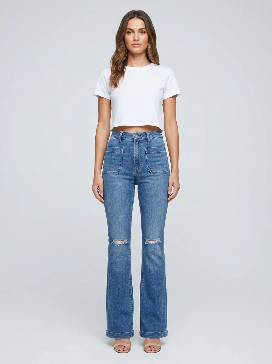Women's High-Rise Square Patch-Pocket Topstitched Knee-Distressed Flare Jeans
