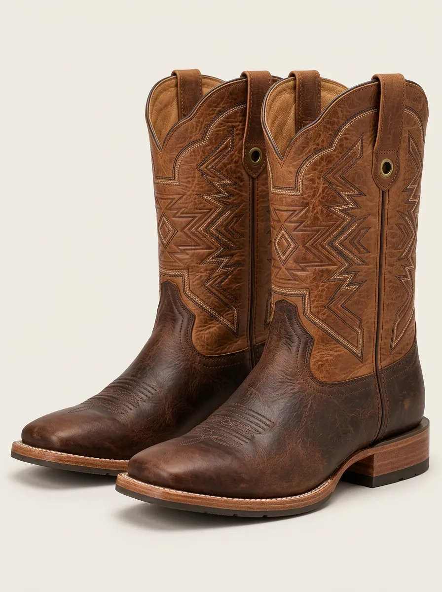 Men's Cowboy Boots with Decorative Stitching and Leather Accents