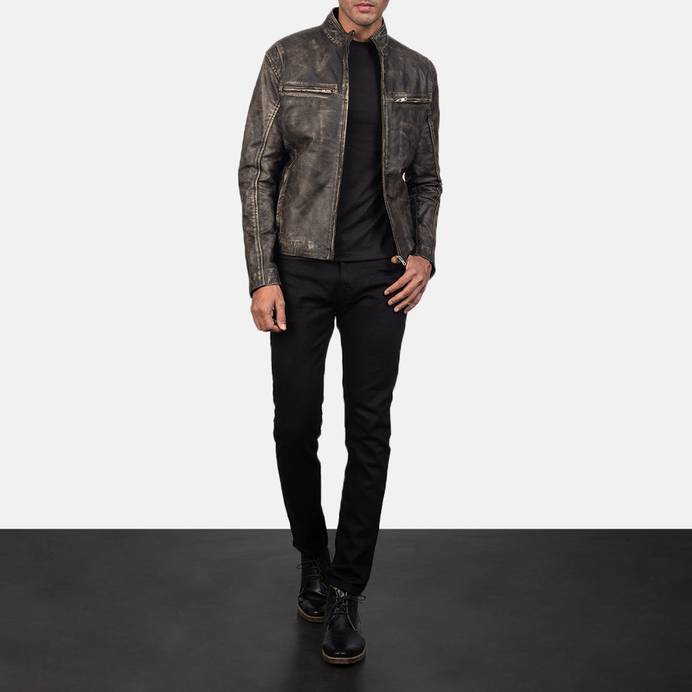 Men's Structured Biker Leather Distressed Jacket