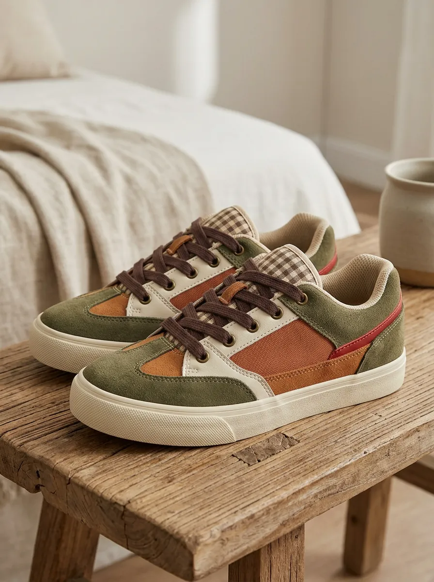 Women's Gingham Patchwork Colorblock Suede Printed Sneakers