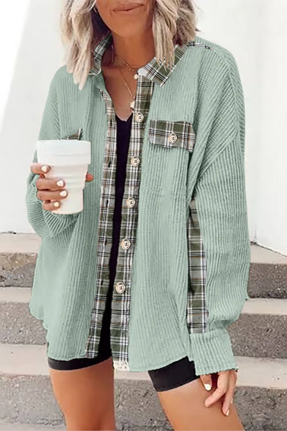 Women's Plaid Patchwork Waffle Thermal Knit Shacket