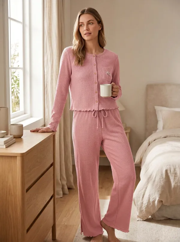 Women's Floral Embroidery Sage Green Waffle Knit Loungewear Set