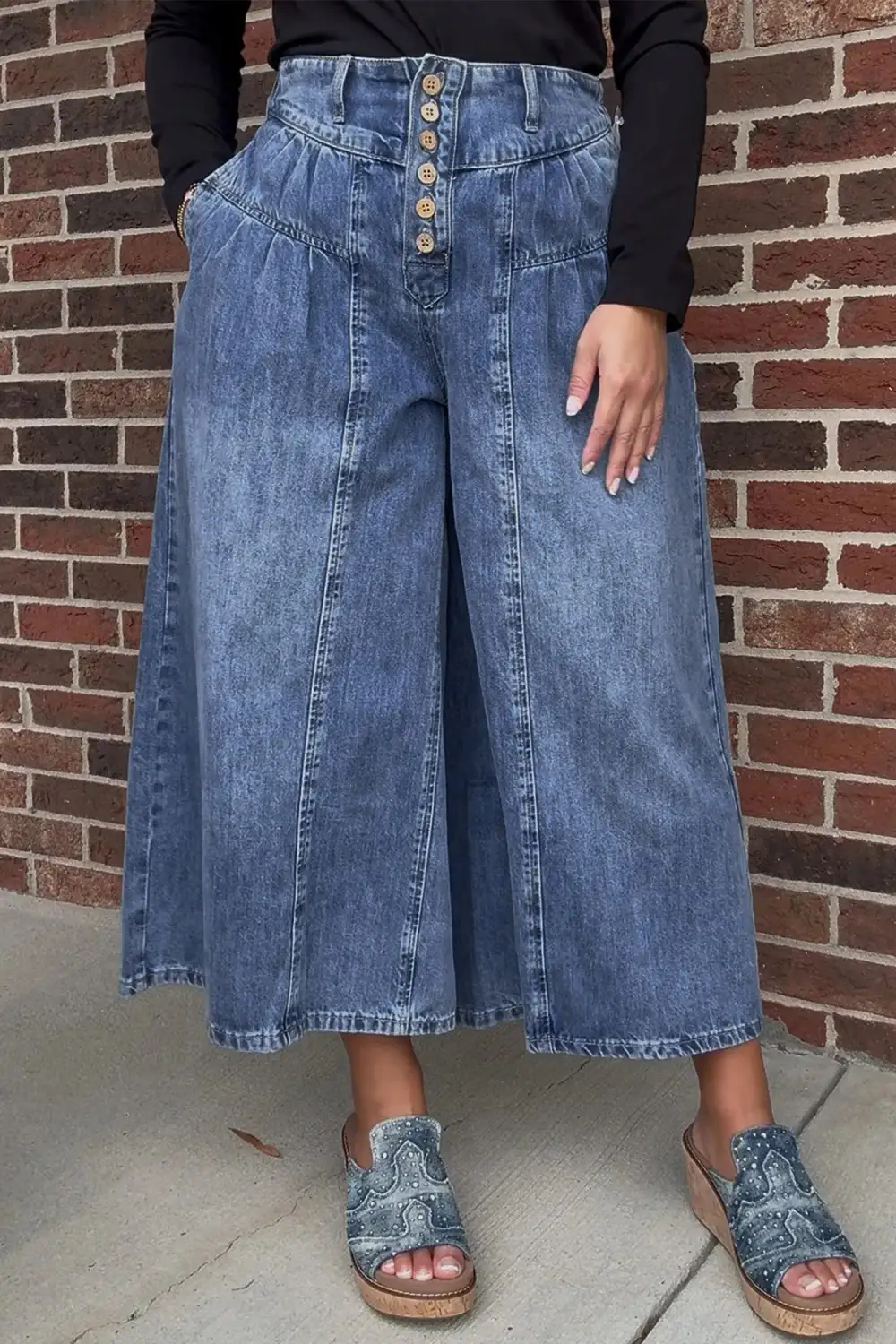 Women's High Rise Buttons Pleated Cropped Wide Leg Denim Pants