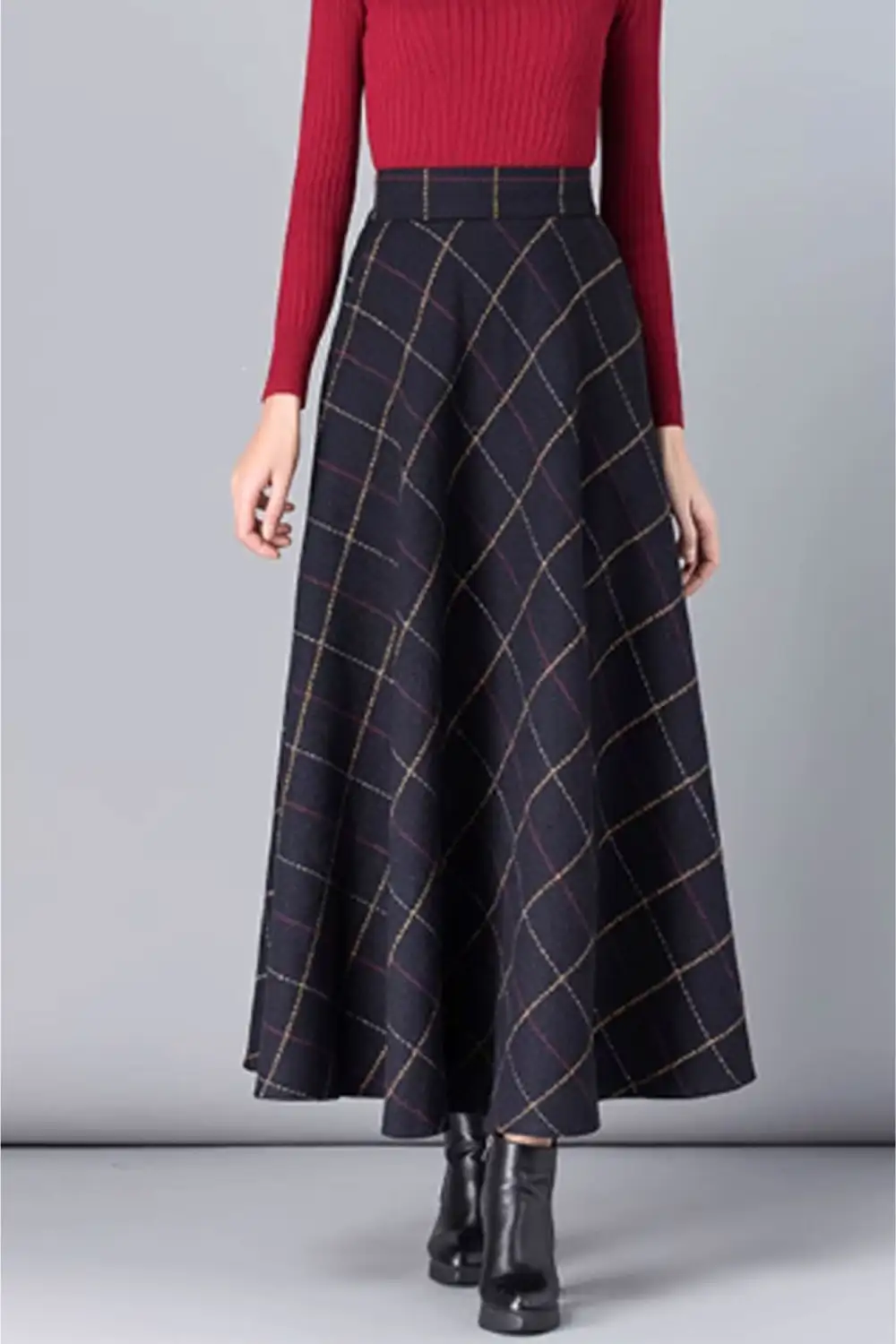 Artful Plaid Wool Blend A Line Elastic Waist Maxi Skirt