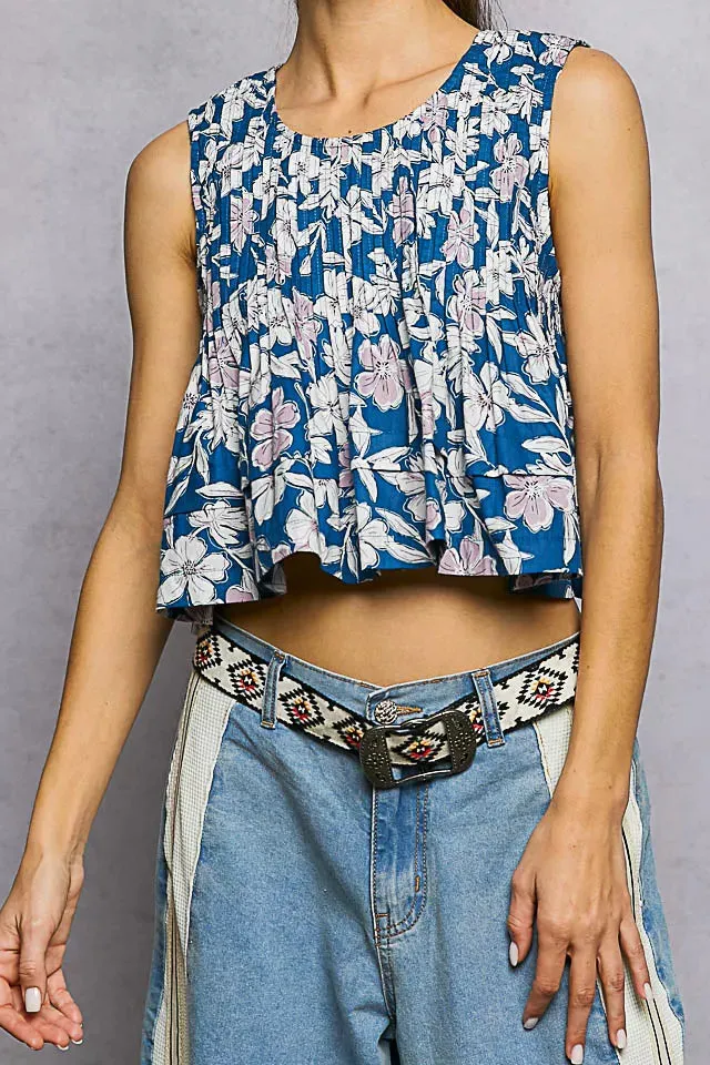 Round Neck Cropped Pintuck Tank