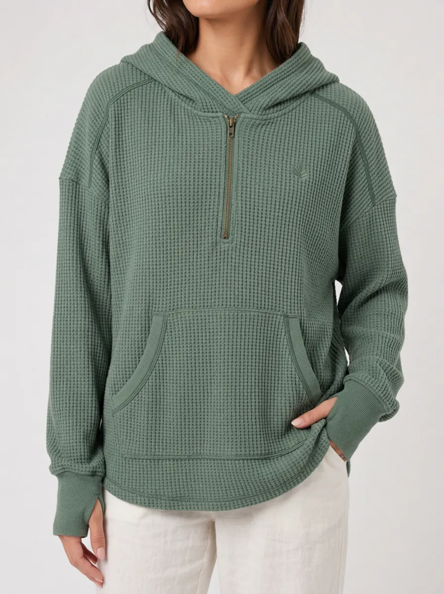 Women's Sage Green Waffle Knit Quarter Zip Hooded Top