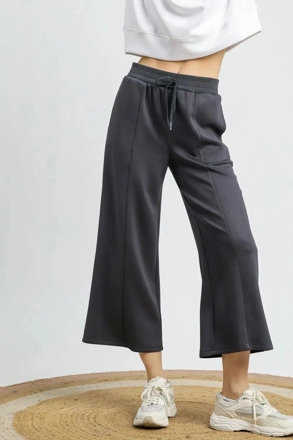 Wide Leg Cropped Drawstring High Waist Pants