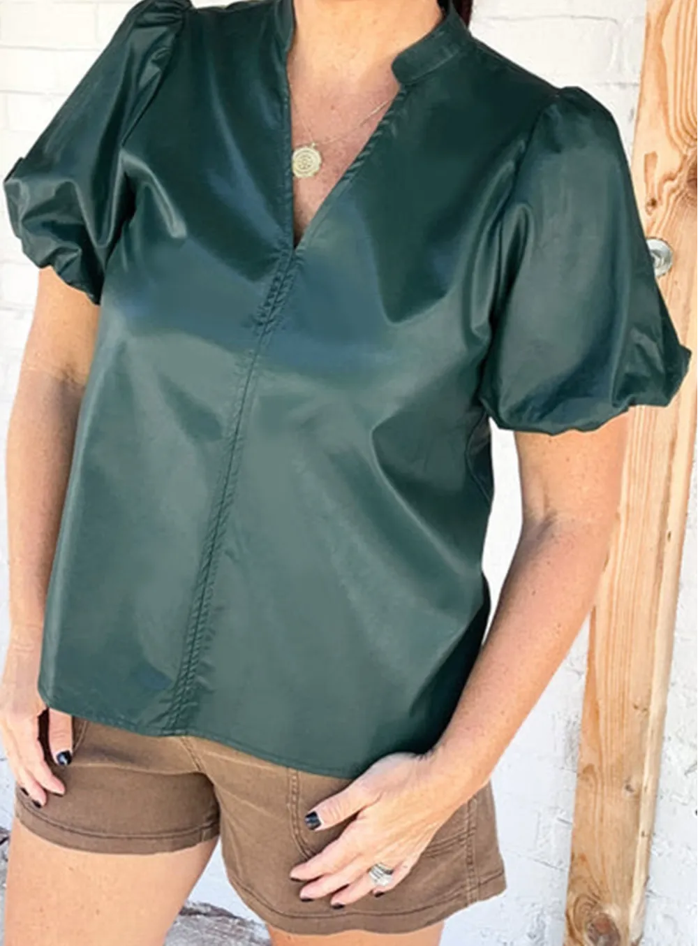 V-Neck Notched Neck Puff Sleeve Blouse