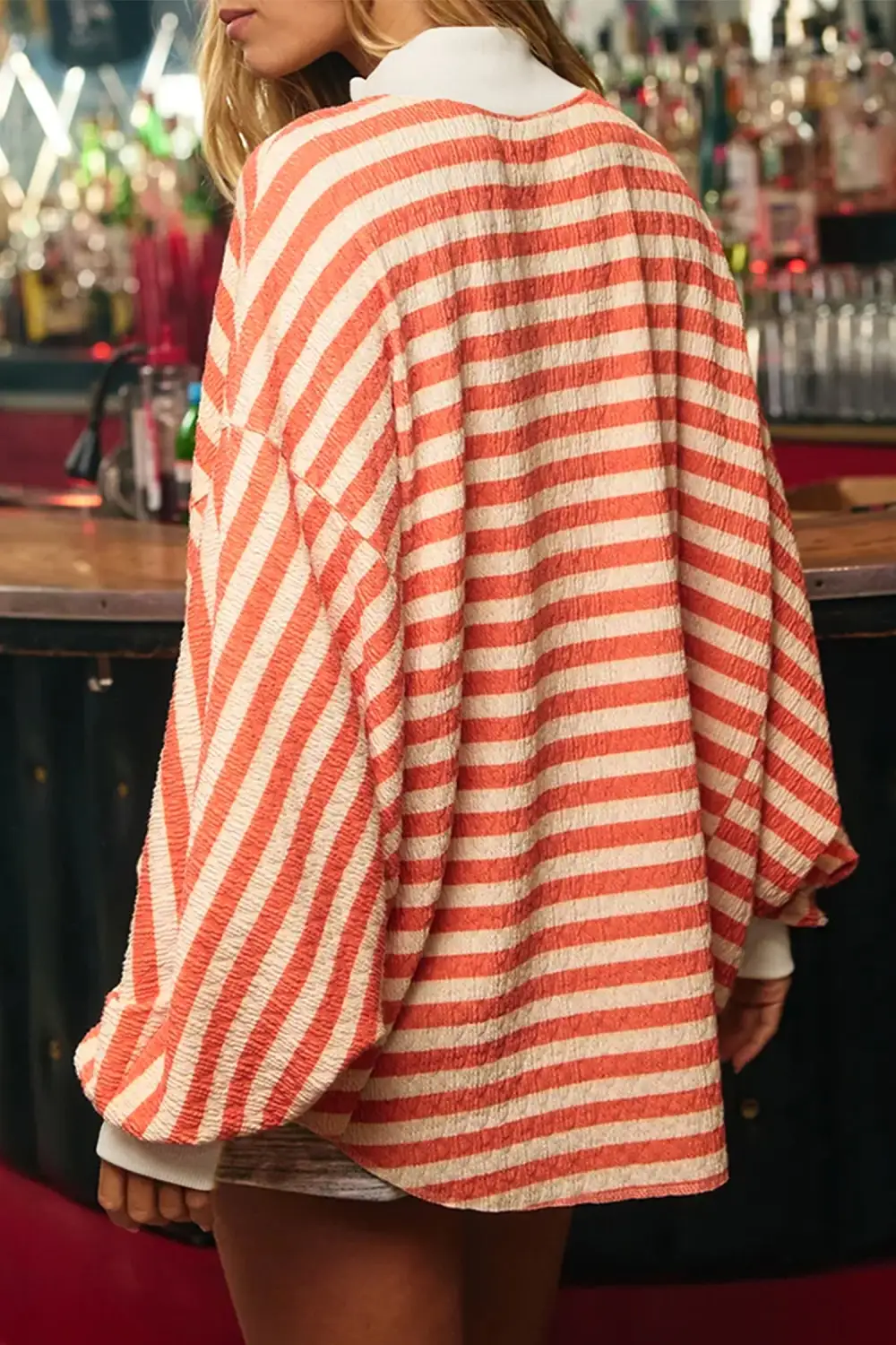 Striped Stand Neck Oversized Cotton Blend Long Sleeve Top