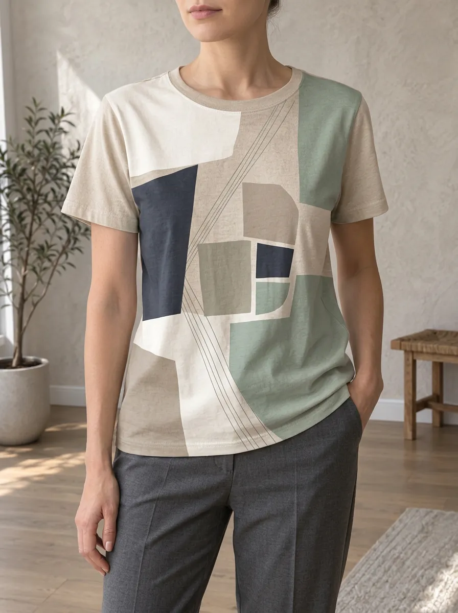 Women's Expressive Abstract Geometric Pattern Crew Neck T-Shirt