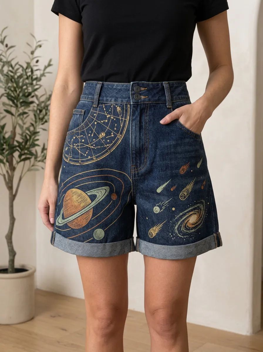 Women's Relaxed Astronomy Lover Planet Galaxy Printed Denim Shorts