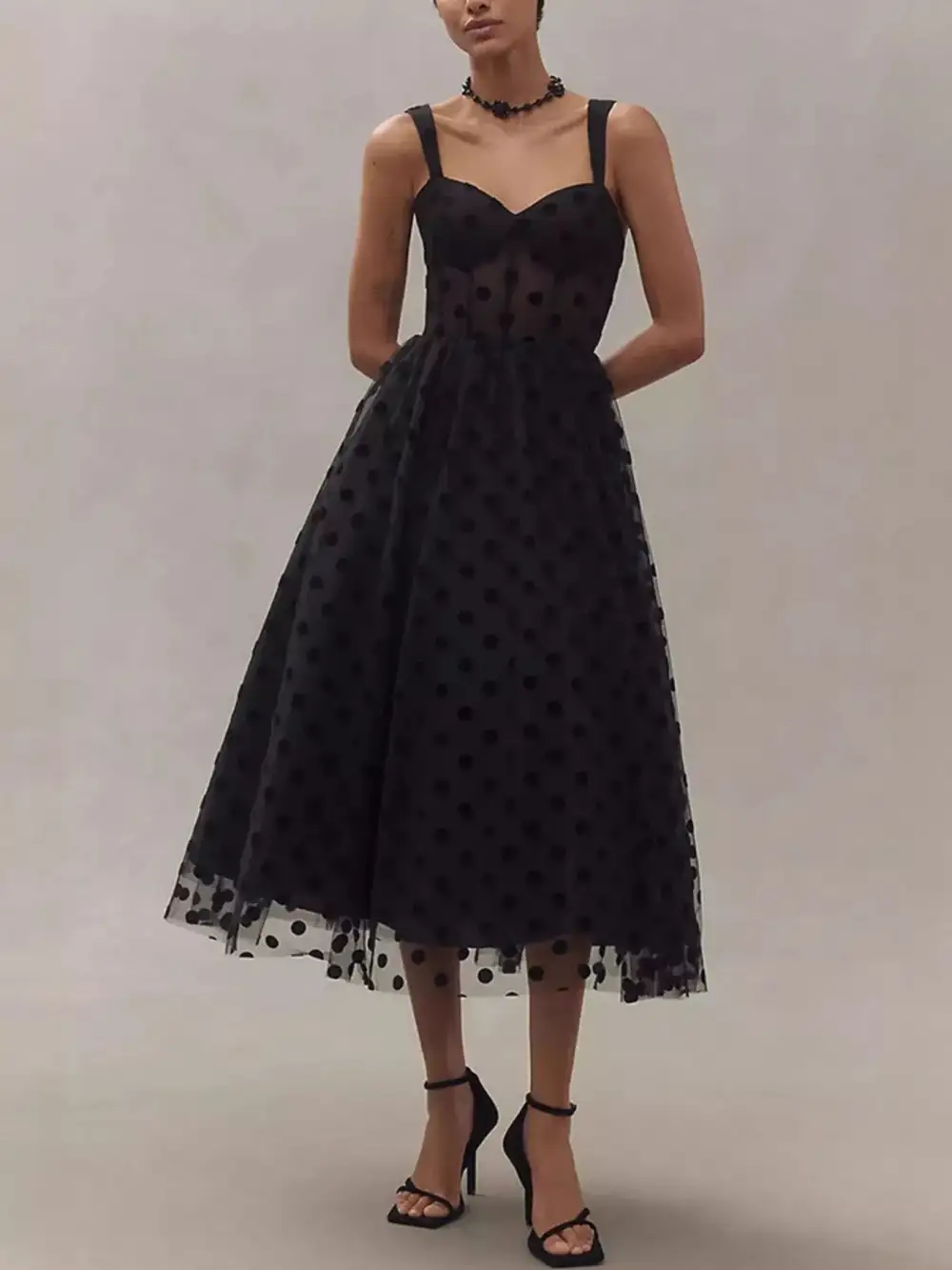 Polka Dot Tulle Sleeveless Midi Dress